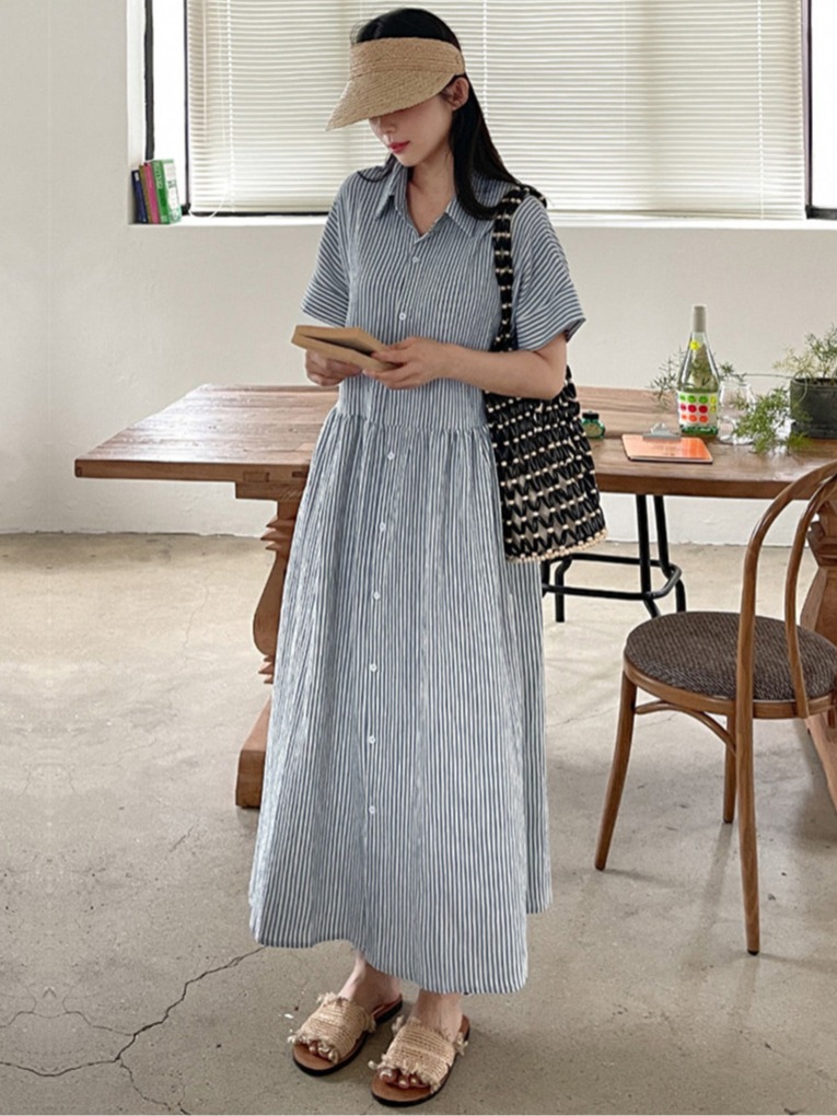 Korean Style A Line Shirt Dress - Retro Koreaanse stijl loszittende afslankende gestreepte
