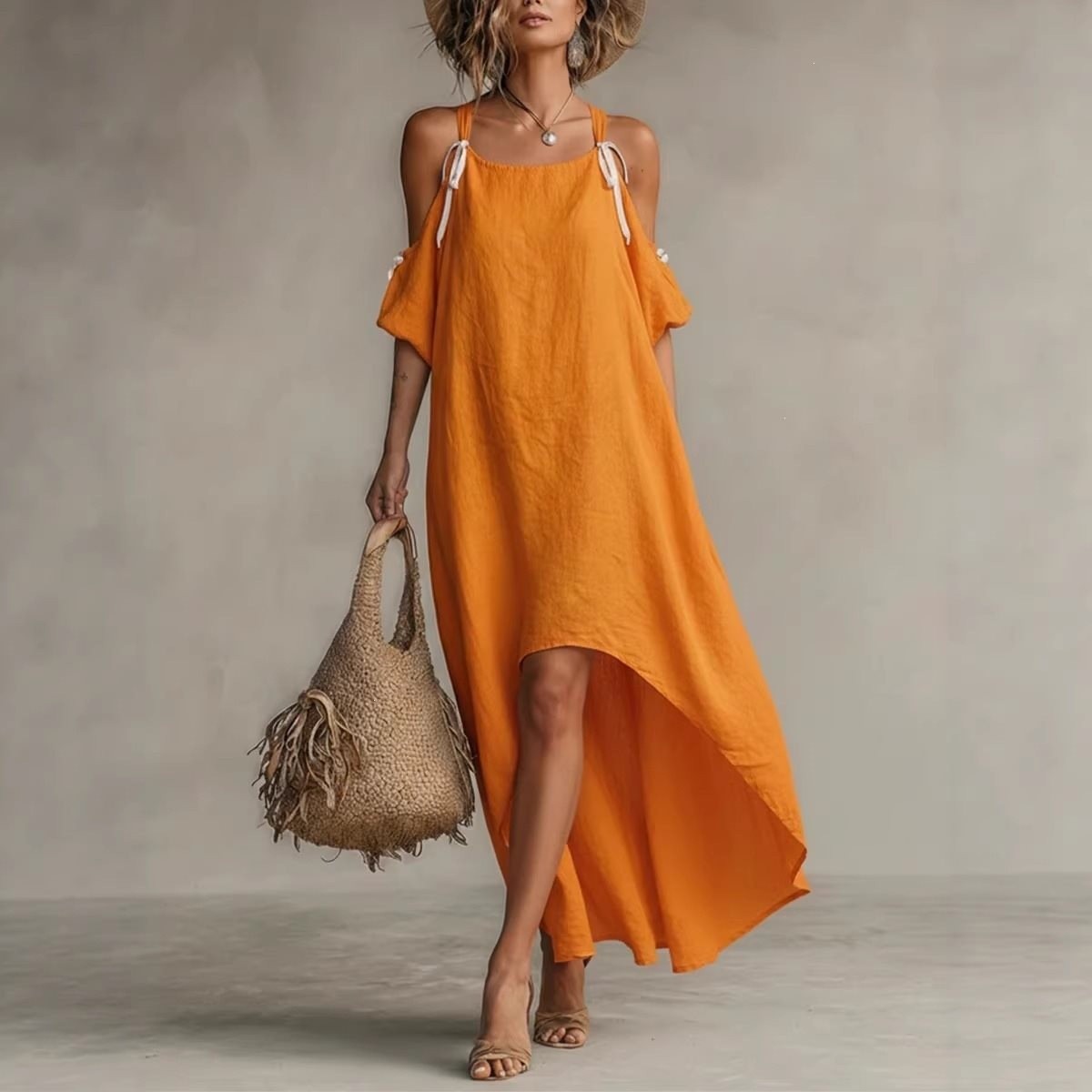Off Shoulder Puff Sleeve Sundress - Zomerjurk voor dames met pofmouwen en