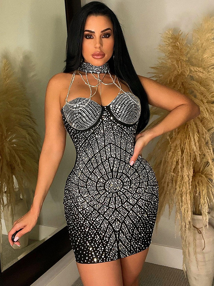 Sparkly Rhinestone Club Party Dress - Doyerl Sparkly Strass Diamanten Verjaardagsjurk Vrouw