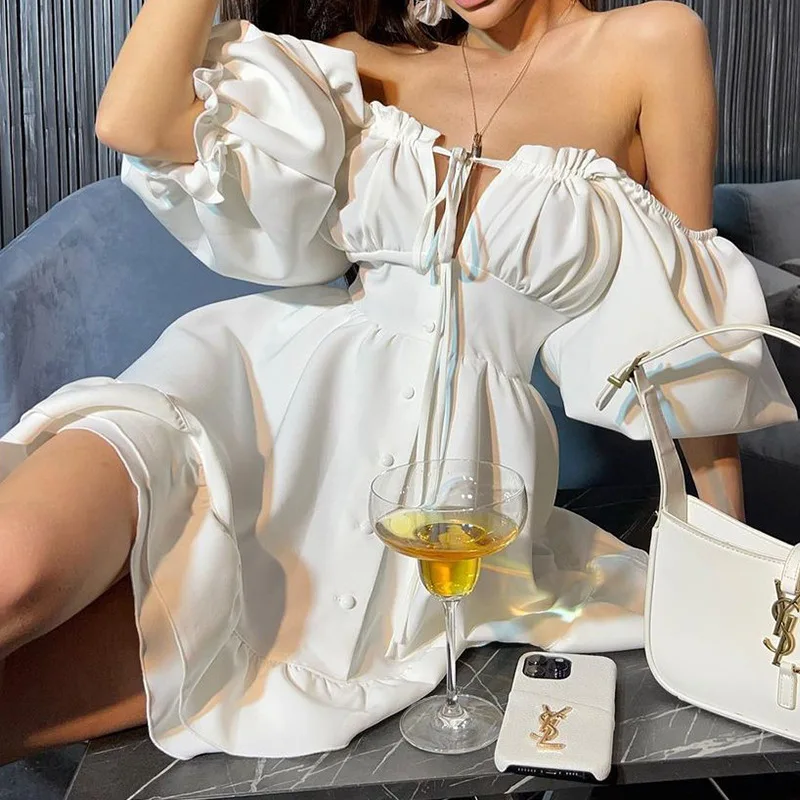 Off Shoulder Puff Sleeve Sundress - Dames Off-Shoulder Mini Jurken Zomer Effen