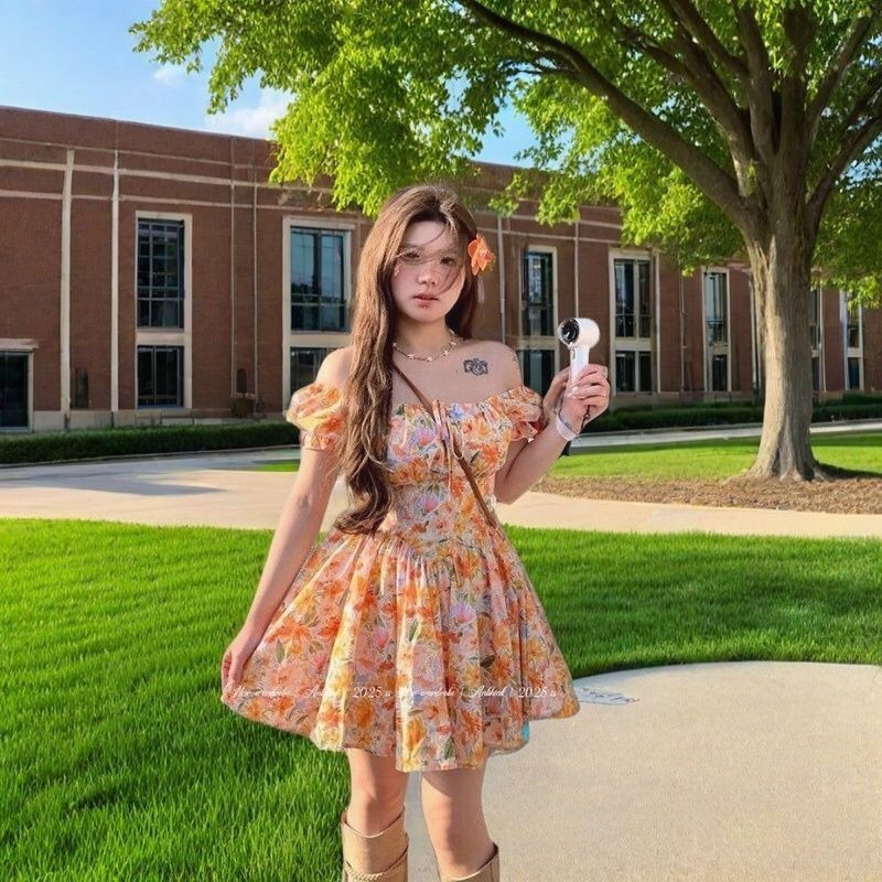 Off Shoulder Puff Sleeve Sundress - Hotsale oranje bloemenprint off-shoulder mini jurk