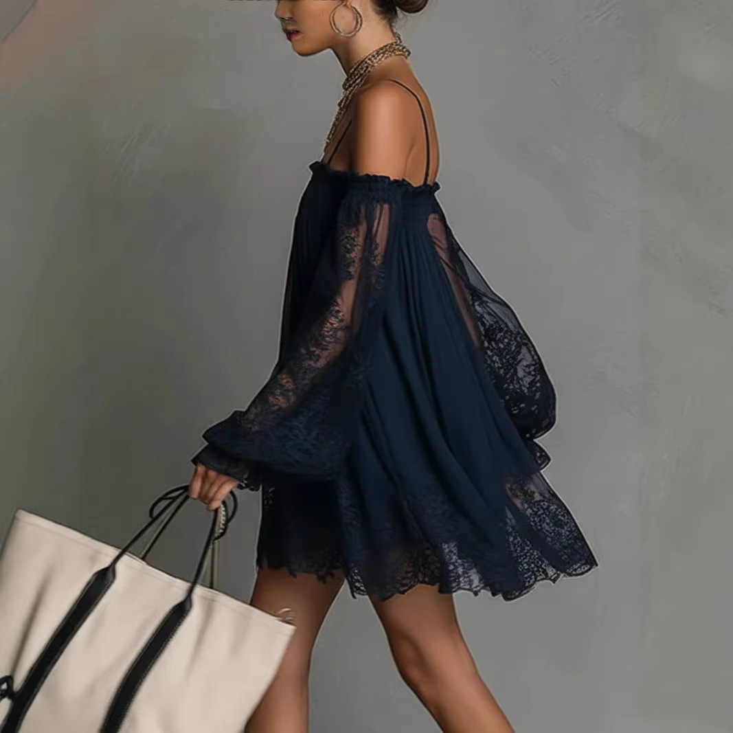Off-shoulder kanten mini-jurk  - Off Shoulder Puff Sleeve Sundress recensie en prijs